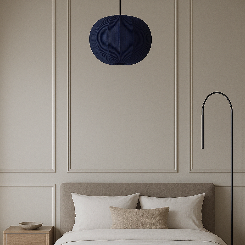 Modern bedroom with a bed, nightstand, and decorative wall lights.