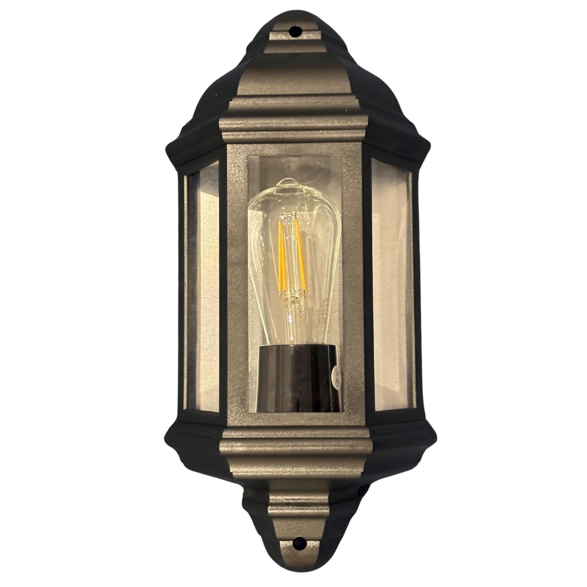 Decorative outdoor wall light fixture with clear glass cover on a white background