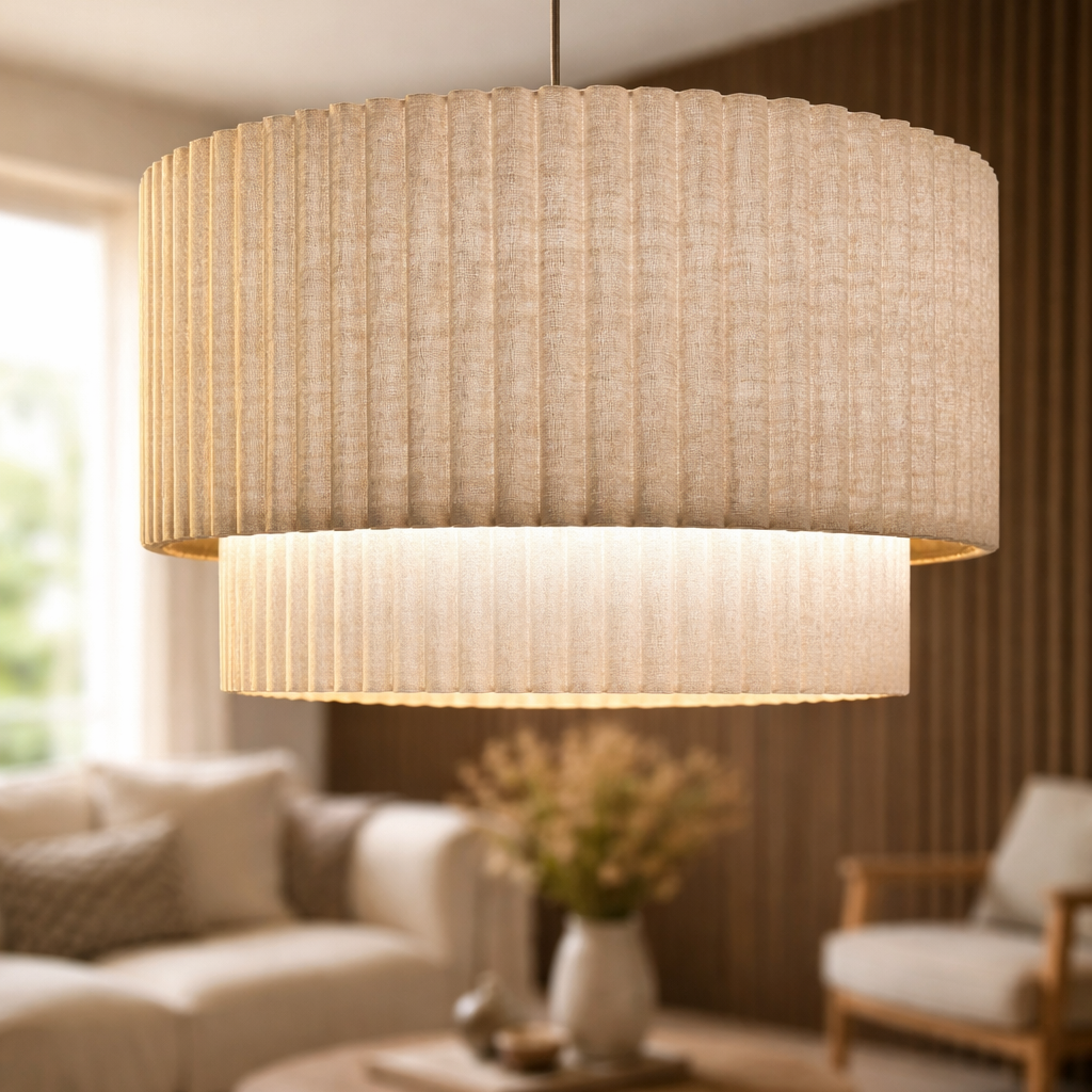 Living room with a pendant light fixture, sofa, coffee table, and armchair.