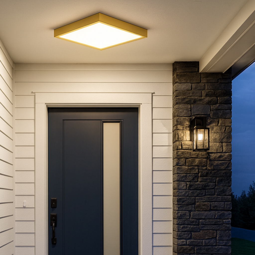 porch light with front door of a house with a light fixture above and a doormat in front.