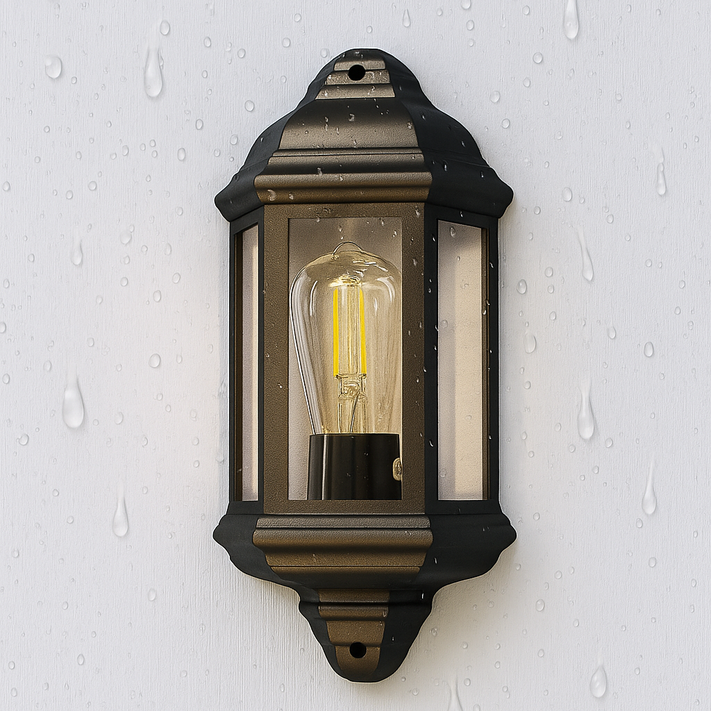 Vintage-style outdoor wall light fixture on a white background