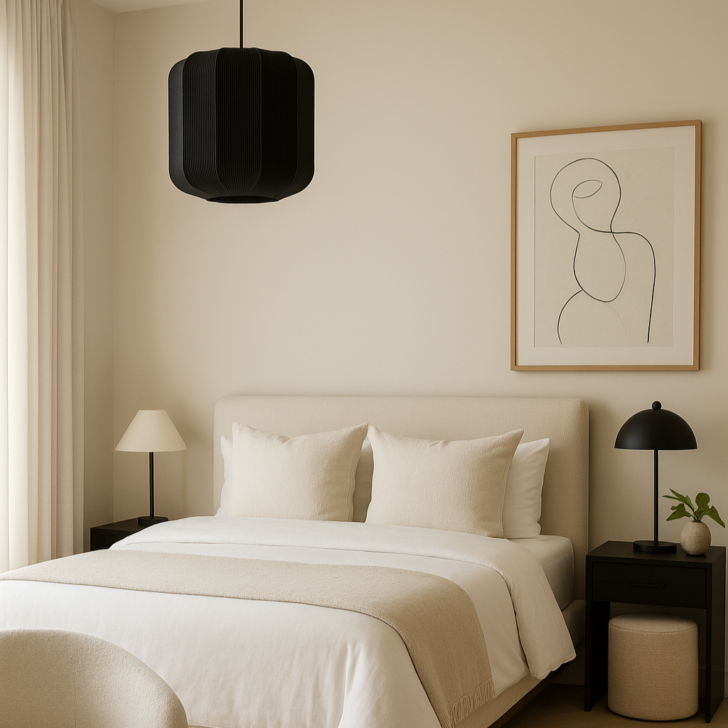 Modern bedroom with a bed, nightstands, and wall art.