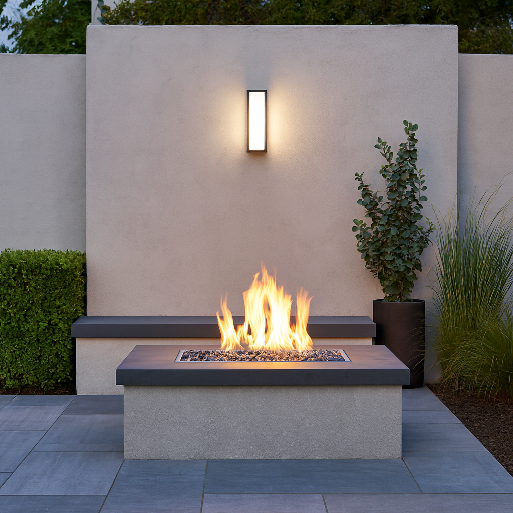 Modern outdoor fire pit with flames on a patio area, wall sconce, and plants.