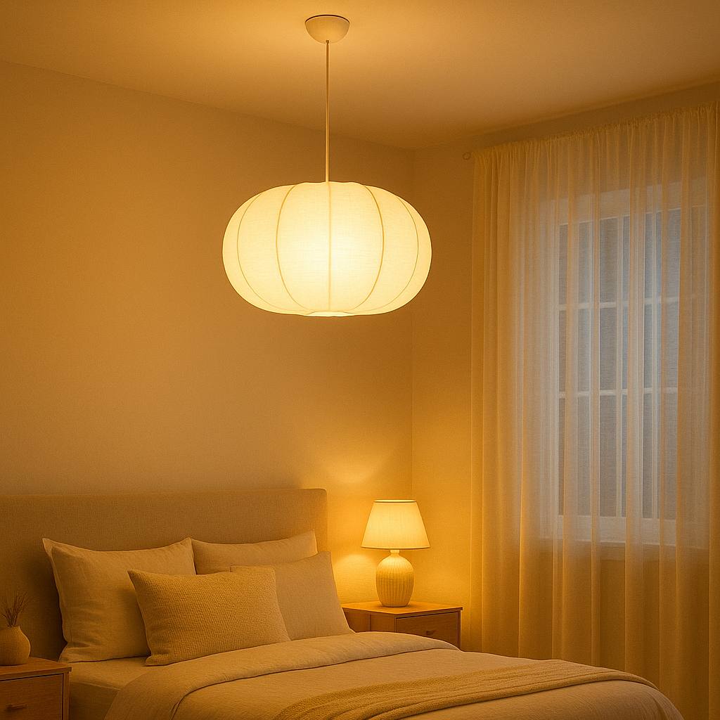 Cozy bedroom with warm lighting, bed, nightstands, and lamp.