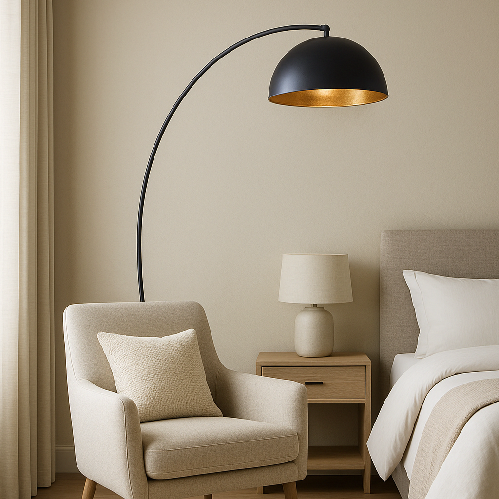 Modern bedroom with beige armchair, floor lamp, and bed.