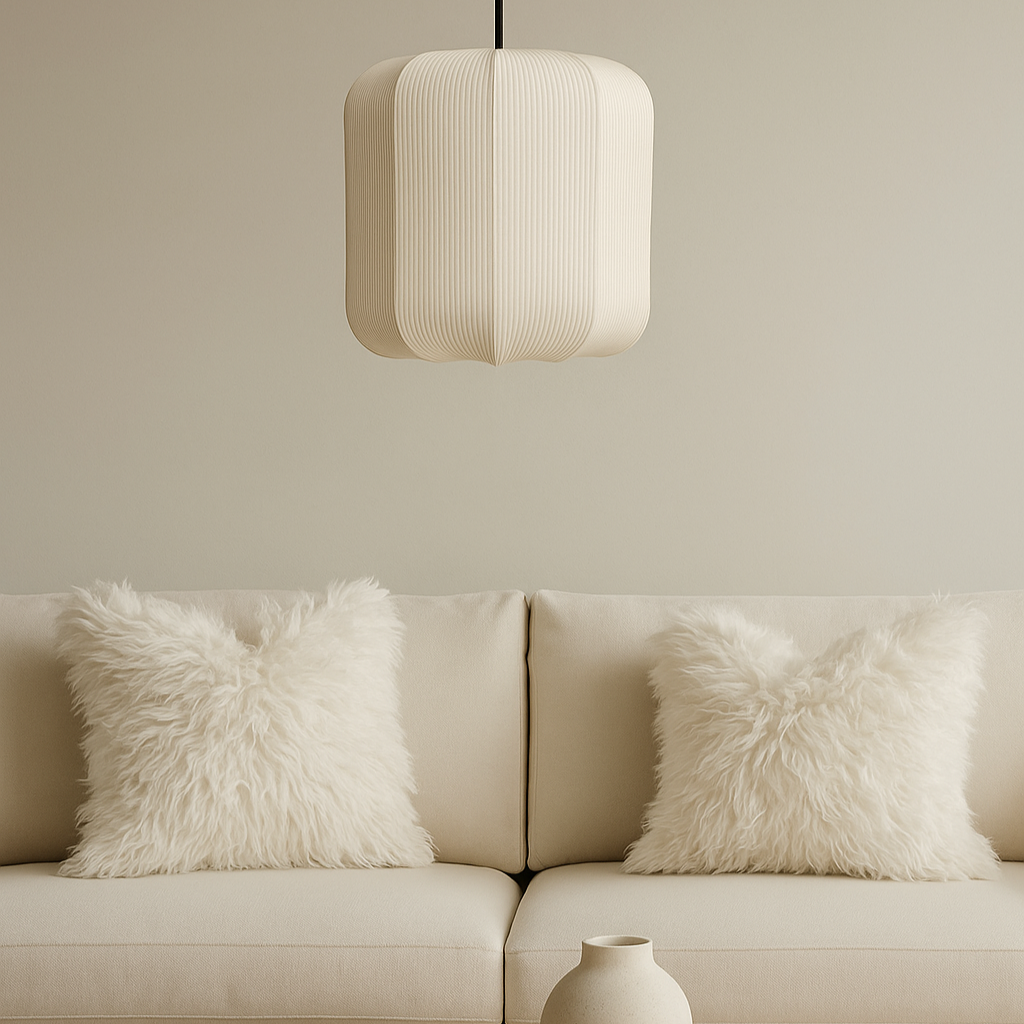 Beige sofa with fluffy white pillows and a small round table with a vase and books in a minimalistic living room.