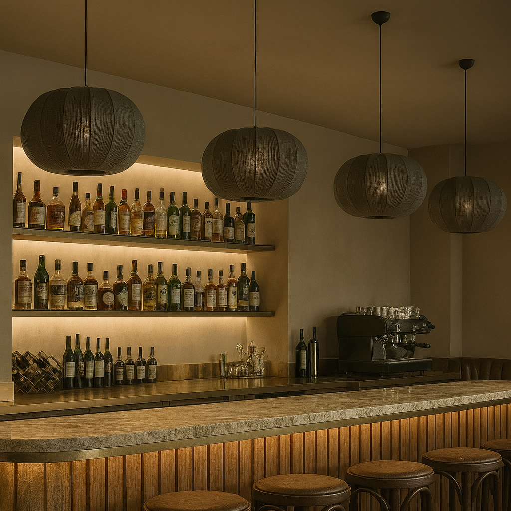 Bar area with shelves of bottles, a coffee machine, and bar stools in a dimly lit setting.