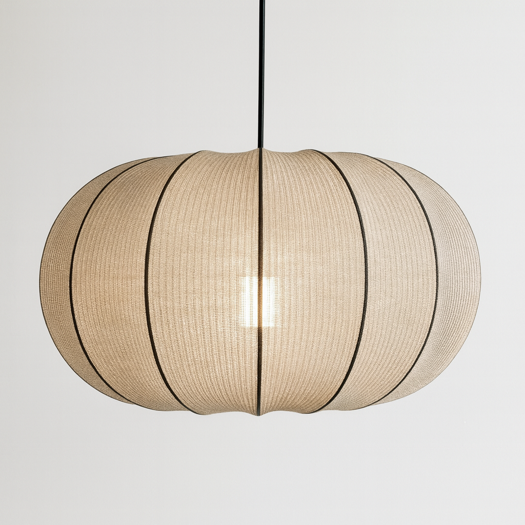 Beige pendant lamp with a textured design on a light gray background
