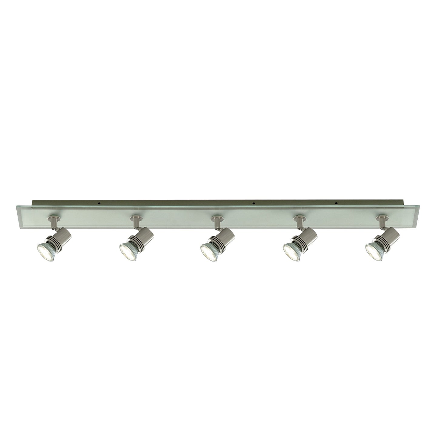 This Top Hat satin silver 5 light spotlight with clear and frosted oblong glass back plate is modern and classic. The five GU10 heads are fully adjustable, so you can find the perfect angle for the spotlights. And the fitting has a stylish satin silver finish, with a long clear and frosted glass back plate to complete the look. This product accepts a Max 7W LED or 50w Halogen GU10.