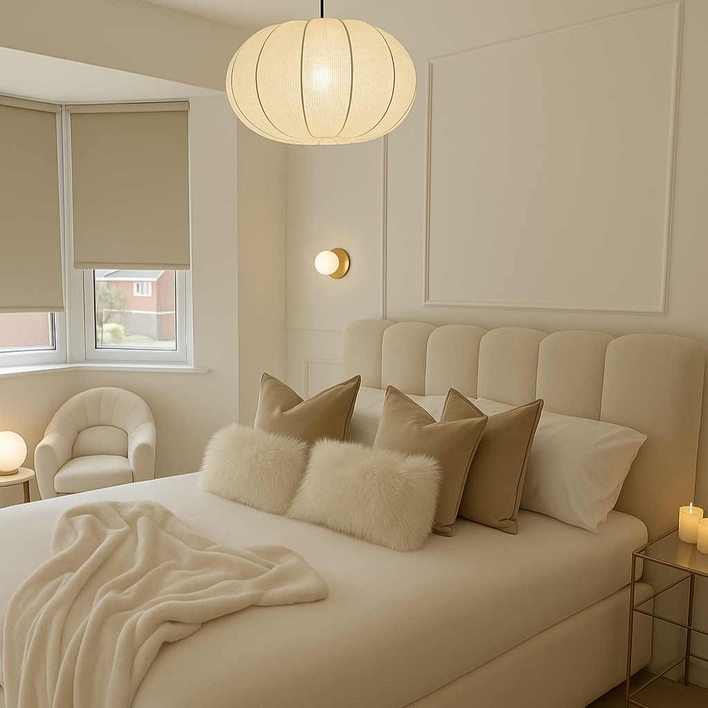 Neatly made bed with beige pillows and a blanket in a well-lit bedroom.