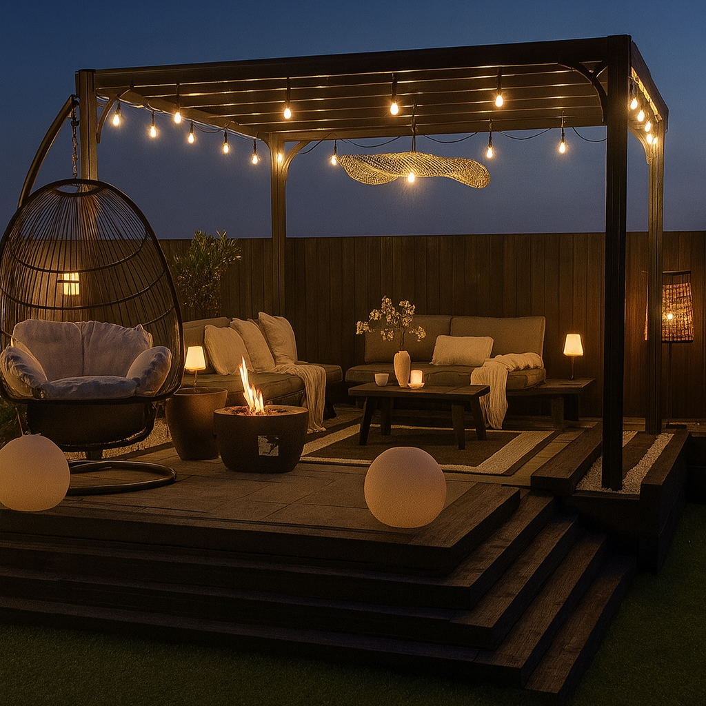 Outdoor patio area with string lights, fire pit, and seating at night.