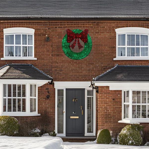 CGC Extra Large 90cm Luxury LED Glitter Green With Red Bow LED Christmas Wreath