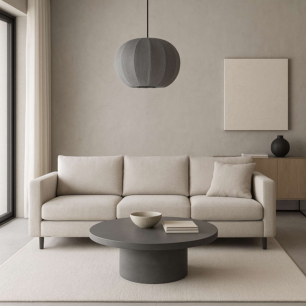 Modern living room with a beige sectional sofa, round coffee table, and pendant light.
