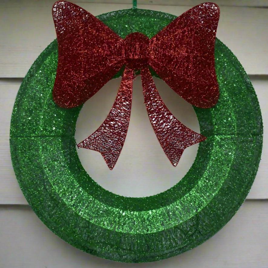 CGC Extra Large 90cm Luxury LED Glitter Green With Red Bow LED Christmas Wreath