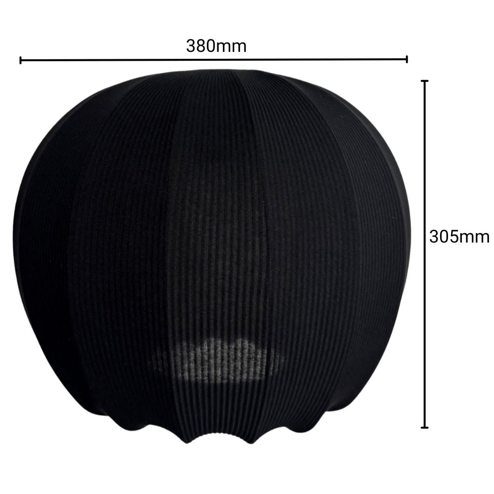 Black spherical lampshade with measurements on a white background
