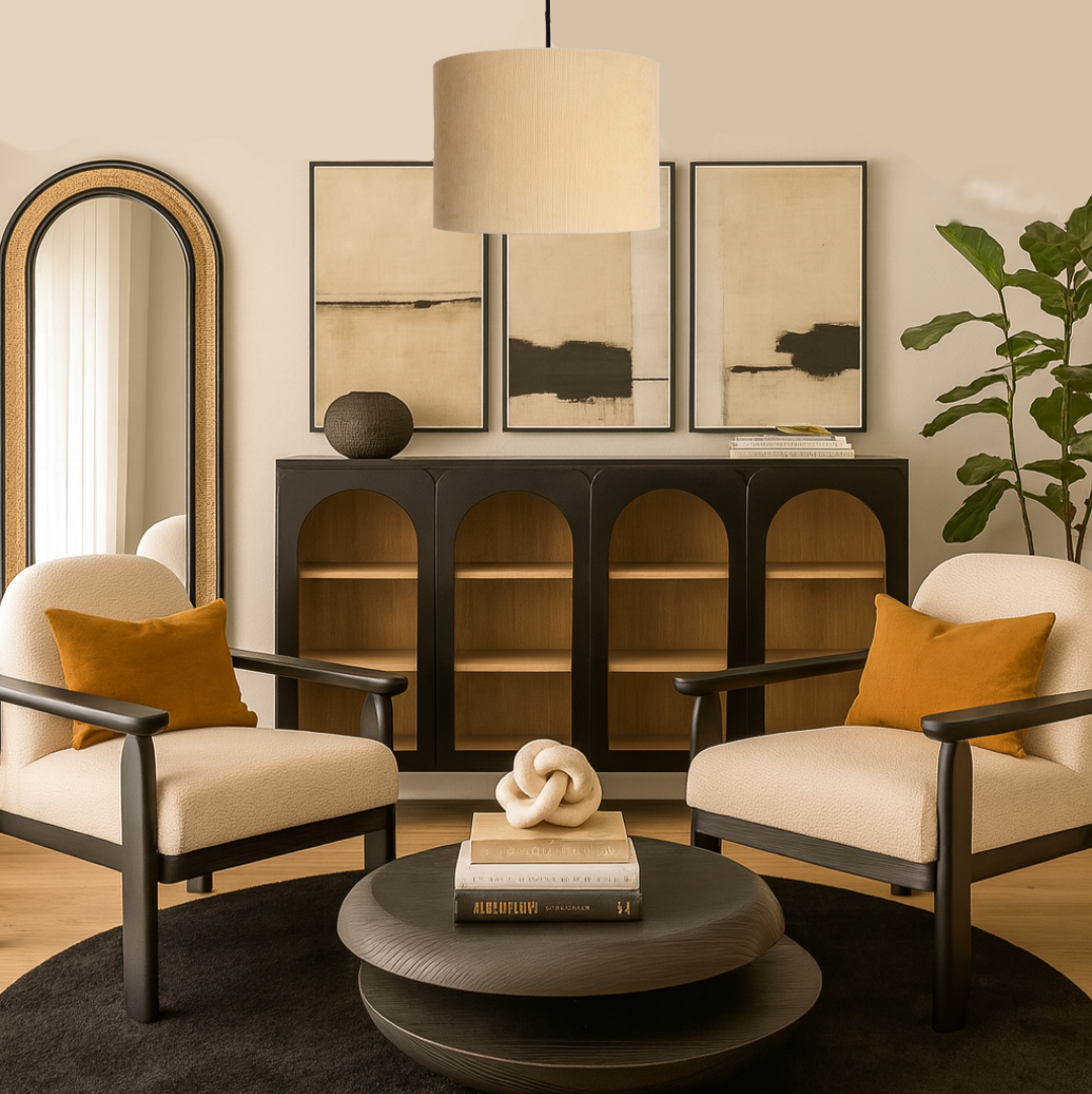 Modern living room with two armchairs, a coffee table, and decorative elements.