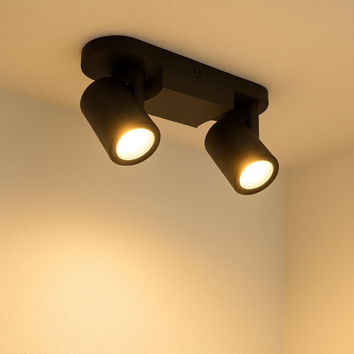 Black ceiling light fixture with two illuminated bulbs on a neutral background
