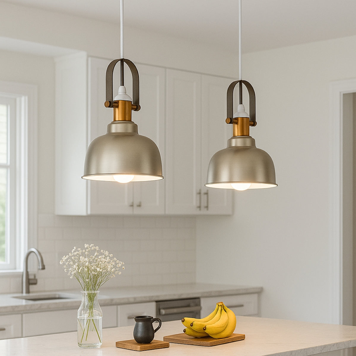 CGC GEORGIE Industrial Metal Pendant Light Champagne & White inner with Brass Fitting