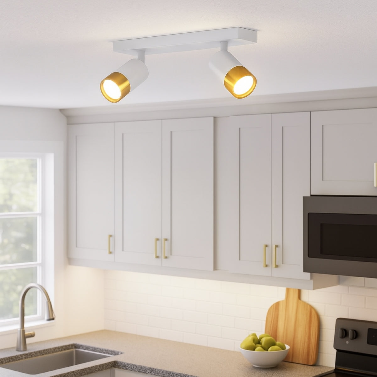 CGC PUZON White & Gold GU10 Adjustable Twin Two Head GU10 Ceiling Spotlight Bar Light
