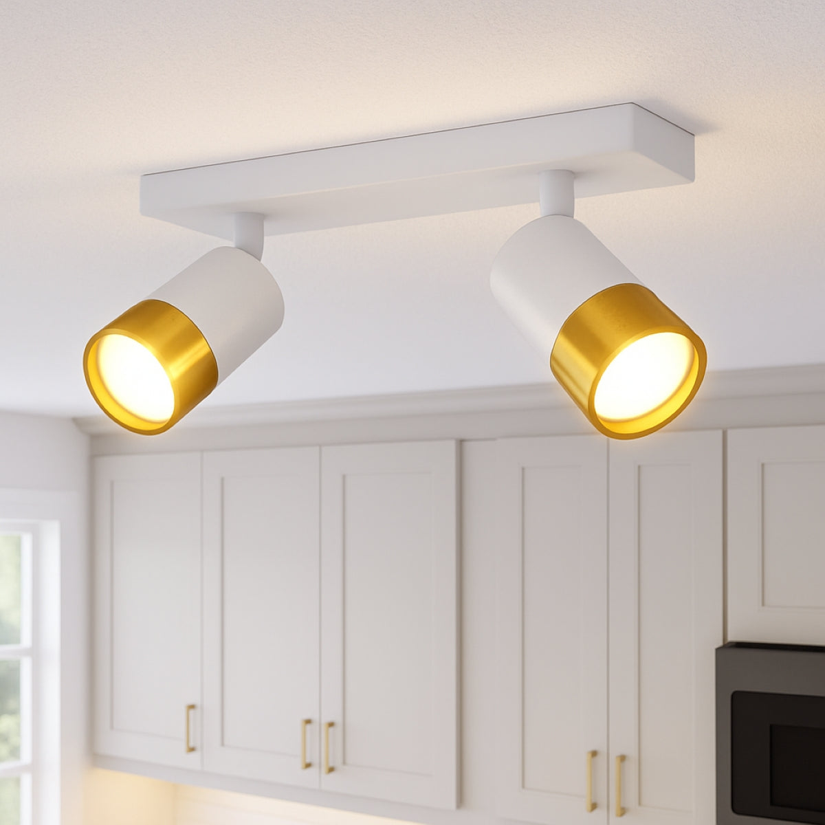 CGC PUZON White & Gold GU10 Adjustable Twin Two Head GU10 Ceiling Spotlight Bar Light