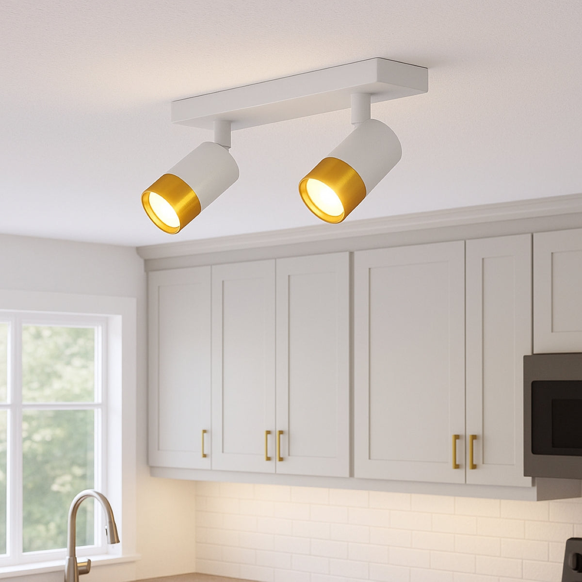 CGC PUZON White & Gold GU10 Adjustable Twin Two Head GU10 Ceiling Spotlight Bar Light