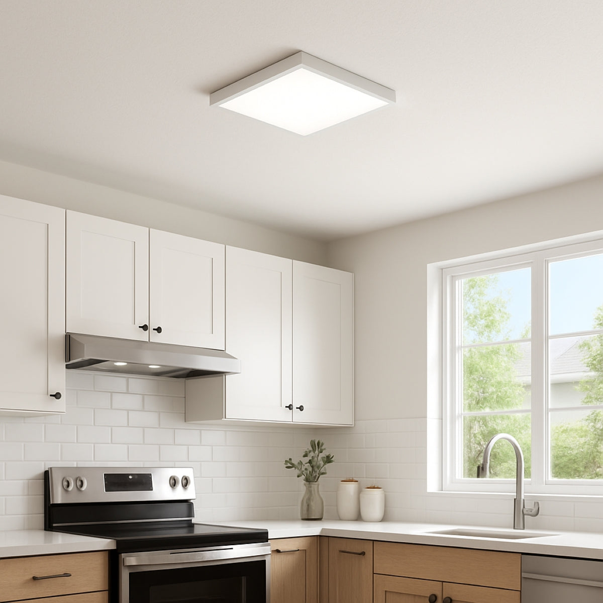 Modern kitchen with white cabinets, stainless steel appliances, and a window.