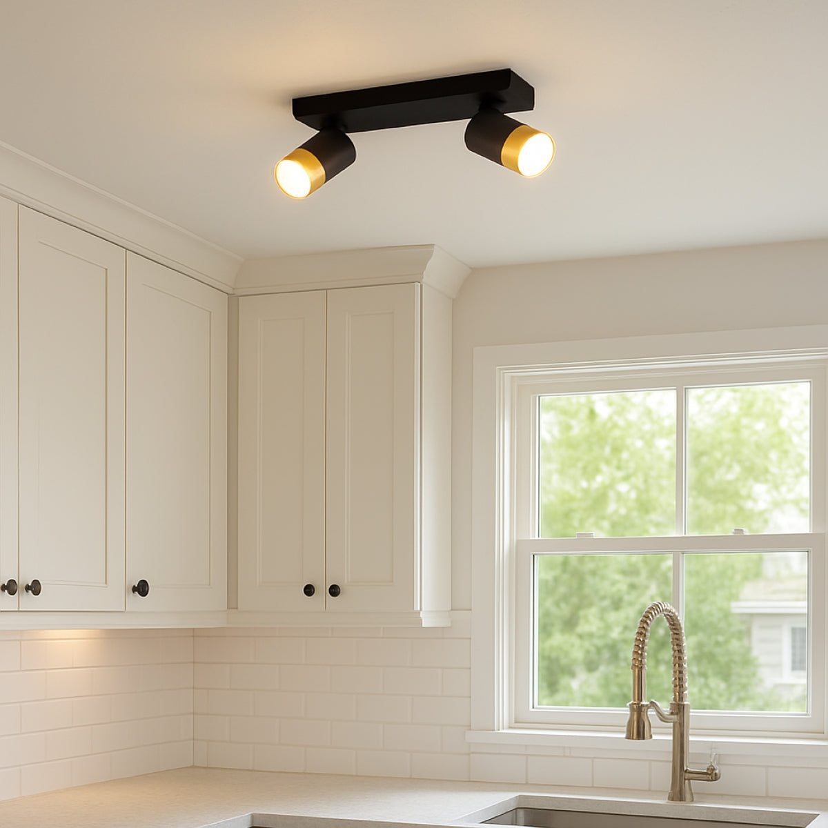 Modern kitchen with black ceiling light fixture, white cabinets, and a window.