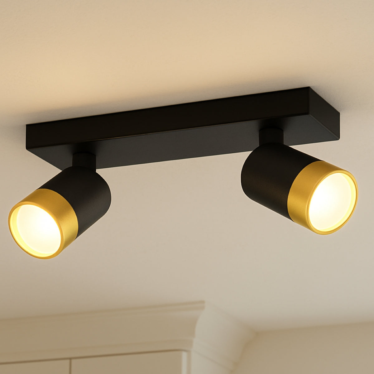 Black and gold ceiling light fixture on a neutral background