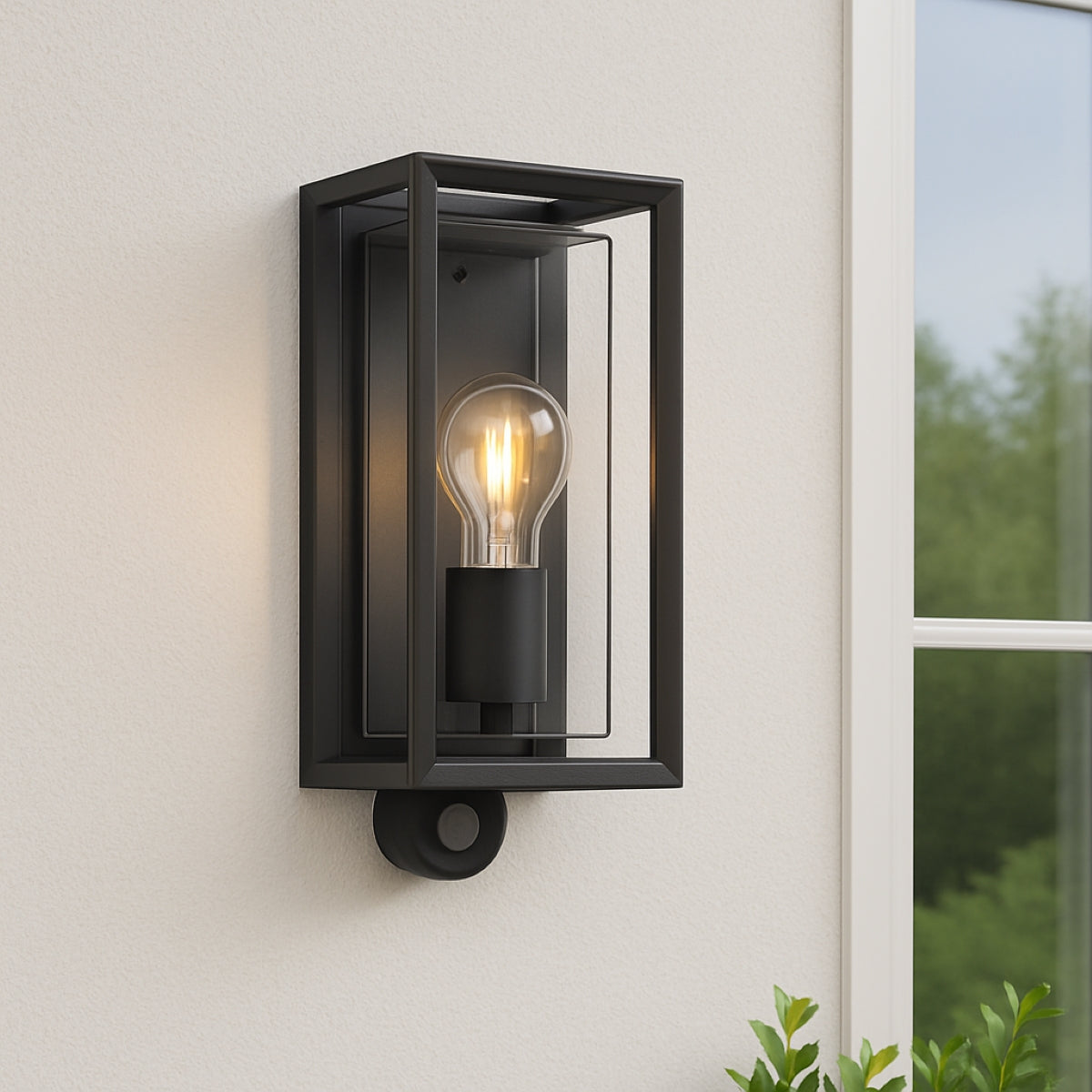 Black outdoor wall light fixture on a white wall with a window in the background.
