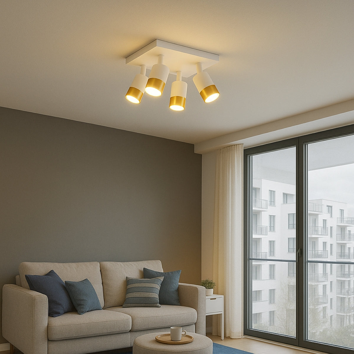 CGC PUZON White & Gold GU10 Adjustable Four Head Ceiling Spotlight Bar Light