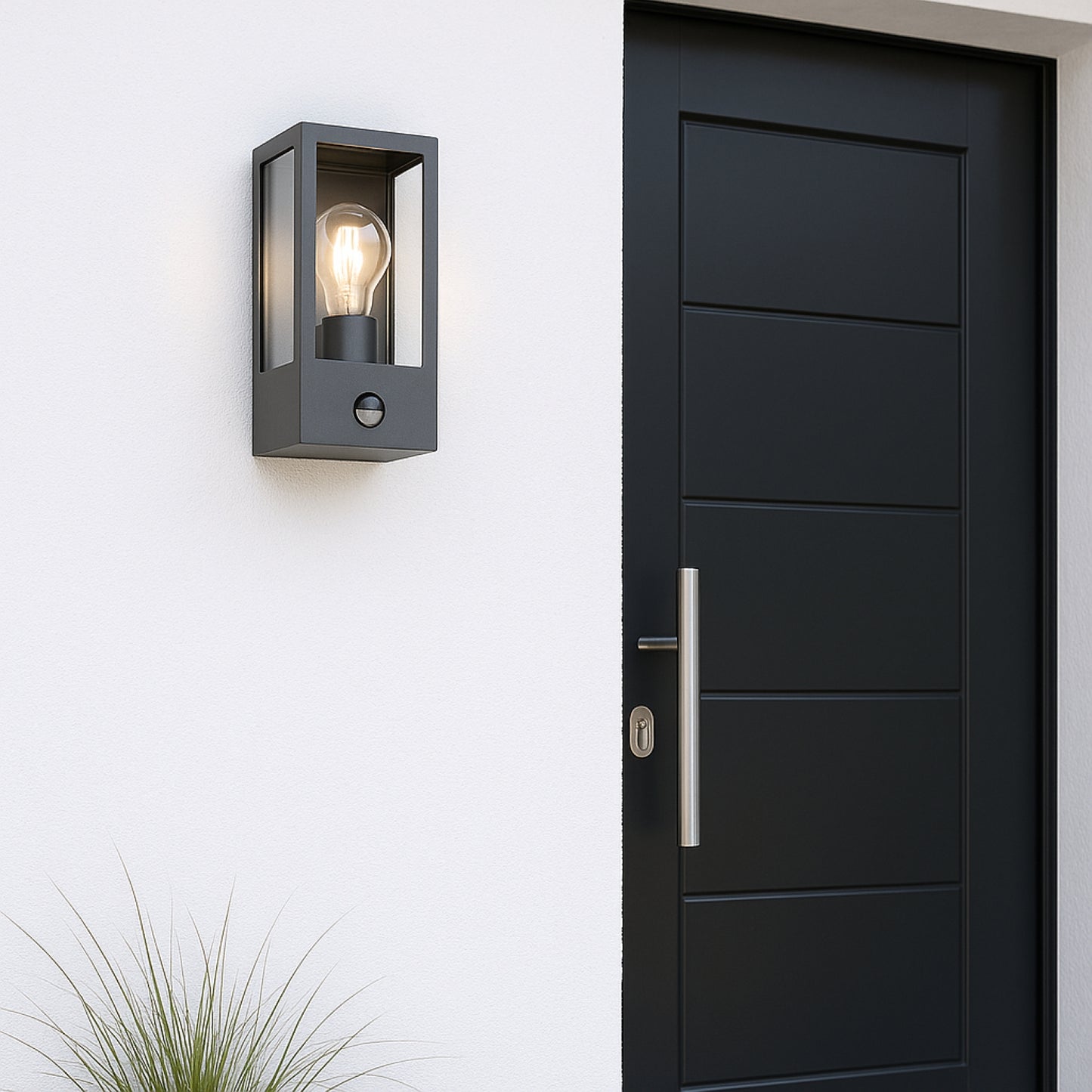 CGC MARINA Black E27 Outdoor PIR Motion Sensor Wall Light Box Lantern Clear Diffuser IP44
