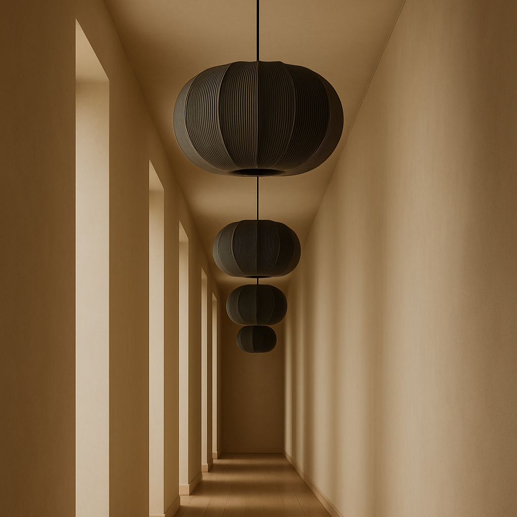 Long hallway with hanging grey spherical lamps in a minimalistic setting