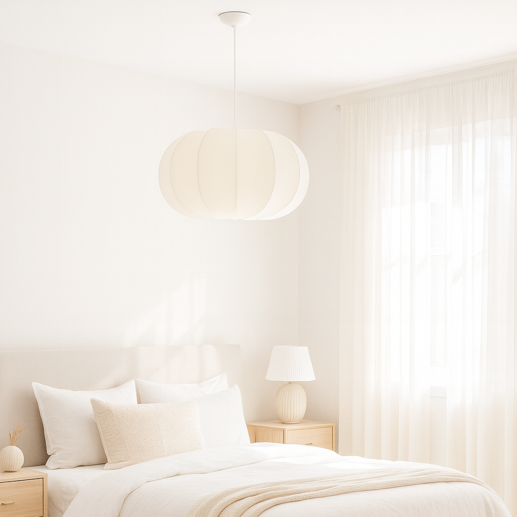 Neatly made bed in a bedroom with light decor