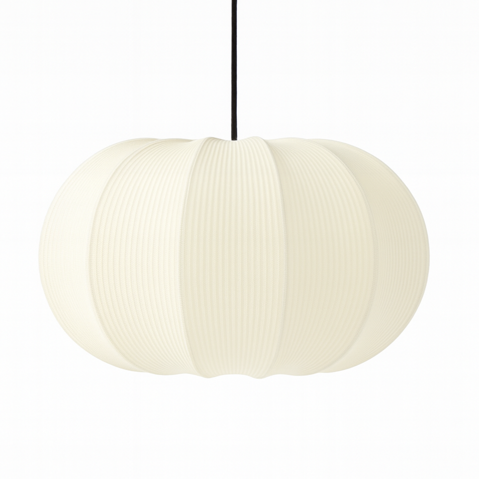 White pendant lamp with a ribbed texture on a white background