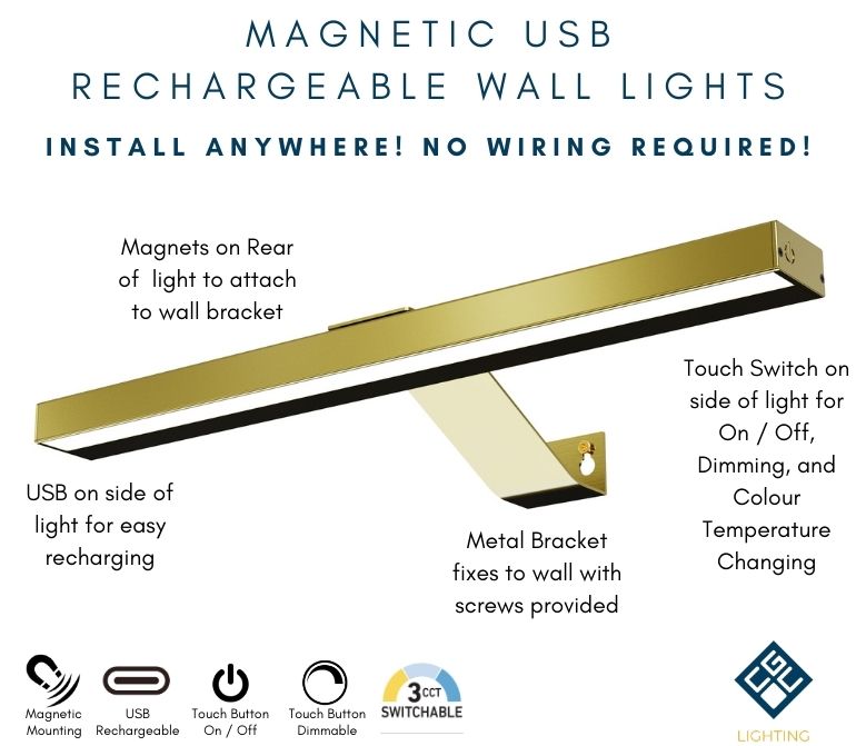 CGC LIBRA Satin Gold LED Rechargeable Magnetic USB Over Picture Wall Light