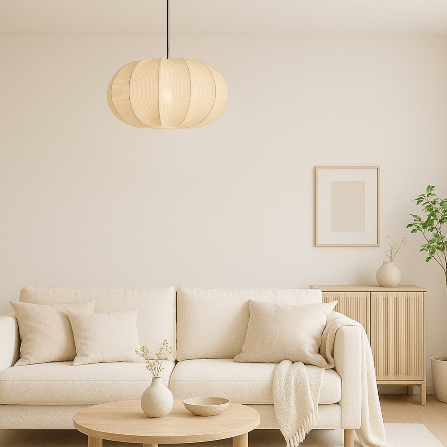 Modern living room with beige sofa, round coffee table, and pendant light.