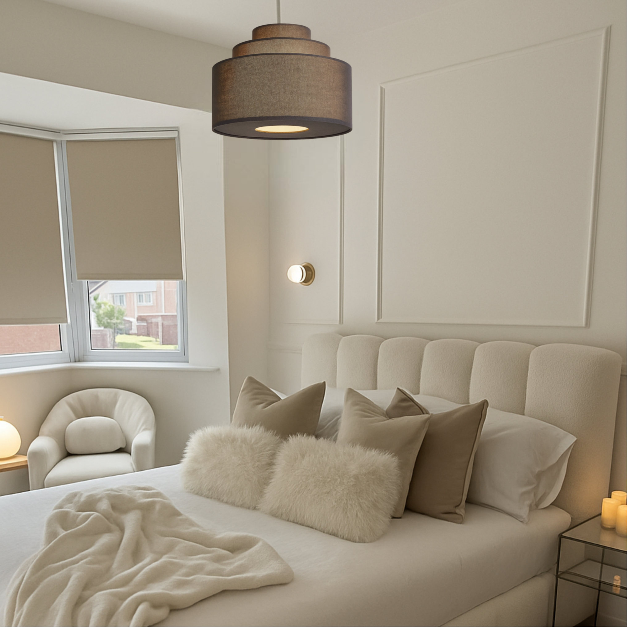 Neatly made bed with decorative pillows in a bedroom setting.