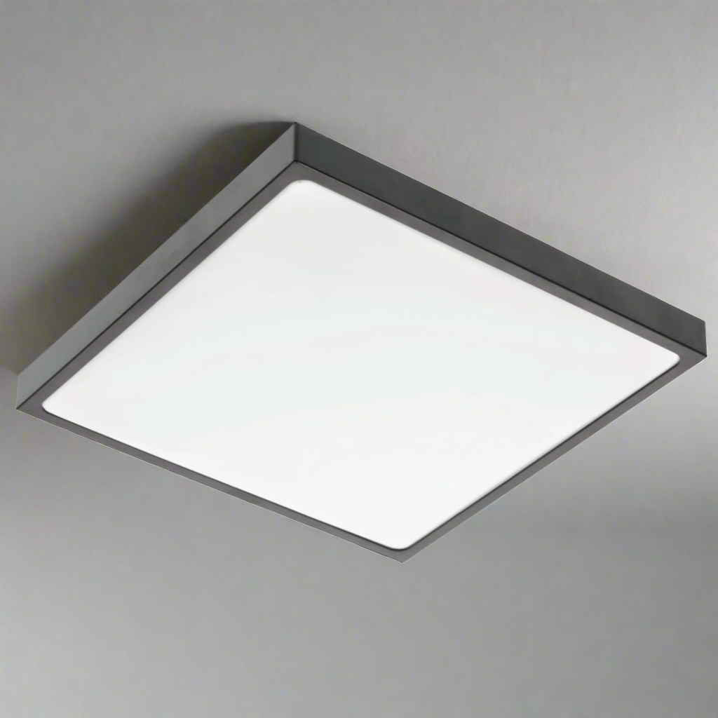 Modern black square LED ceiling light with an opal diffuser, installed on a ceiling providing a bright, even light.