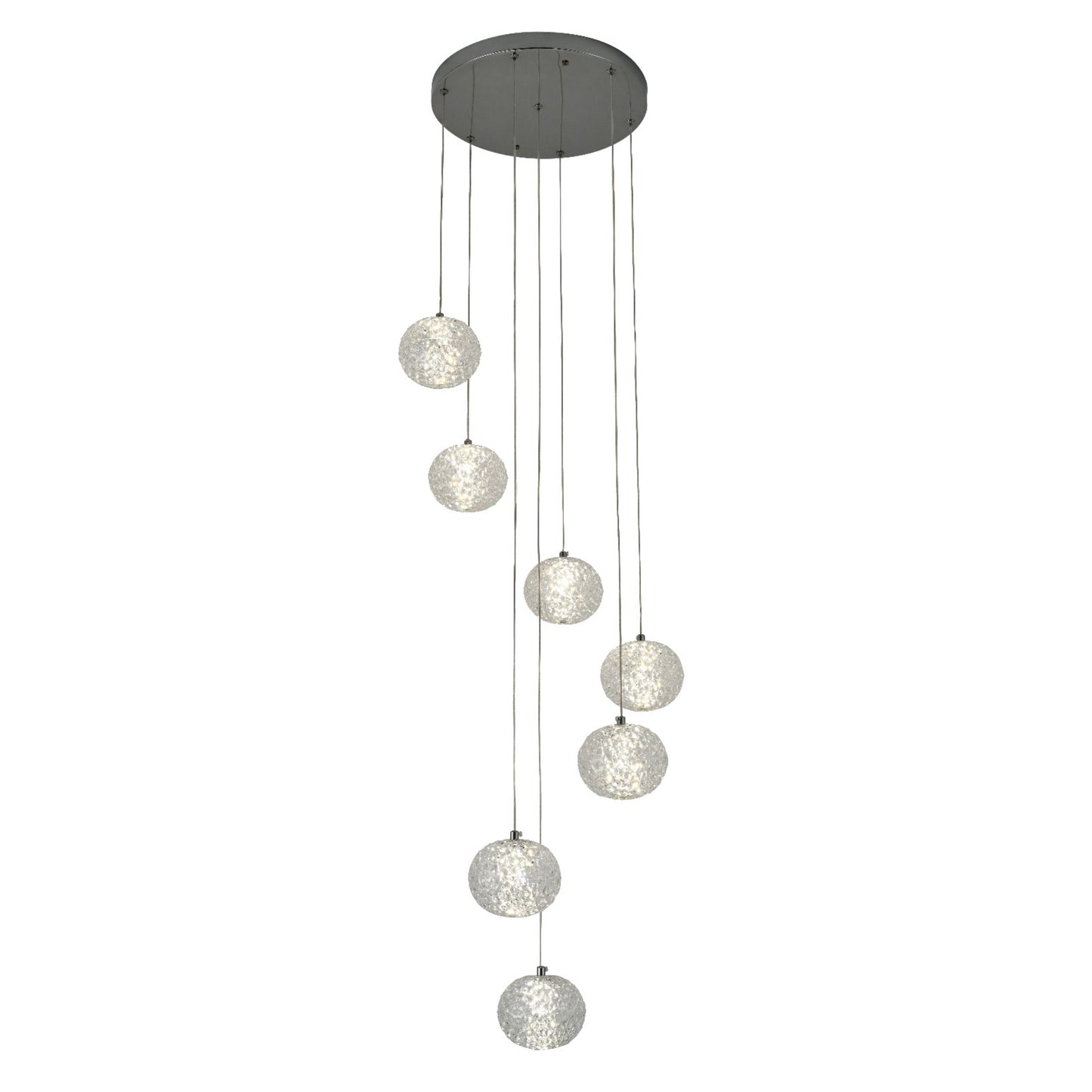 Our striking 7 Ball LED pendant light in chrome with height adjustable clear acrylic globes is the perfect way to make a statement with your interiors. It is inspired by elements of the night sky, comprising of a delicately crafted clear acrylic crystal globes in round spherical shape and perfectly finished in low energy built in LED lights.