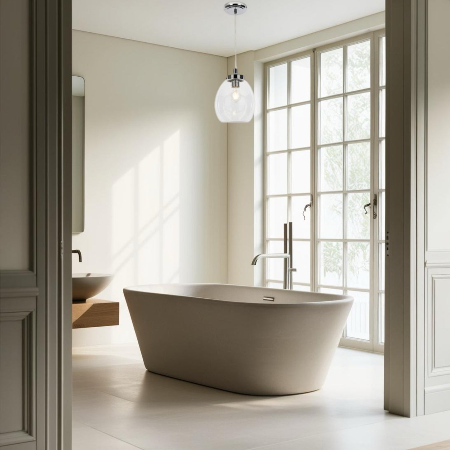 CGC AMELIA Clear Glass Lampshade E27 Pendant Cord with Chrome Base IP44 Suitable For Bathrooms
