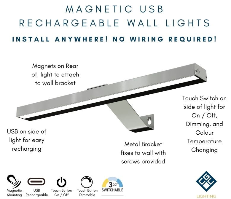 CGC LIBRA Satin Nickel LED Rechargeable Magnetic USB Over Picture Wall Light