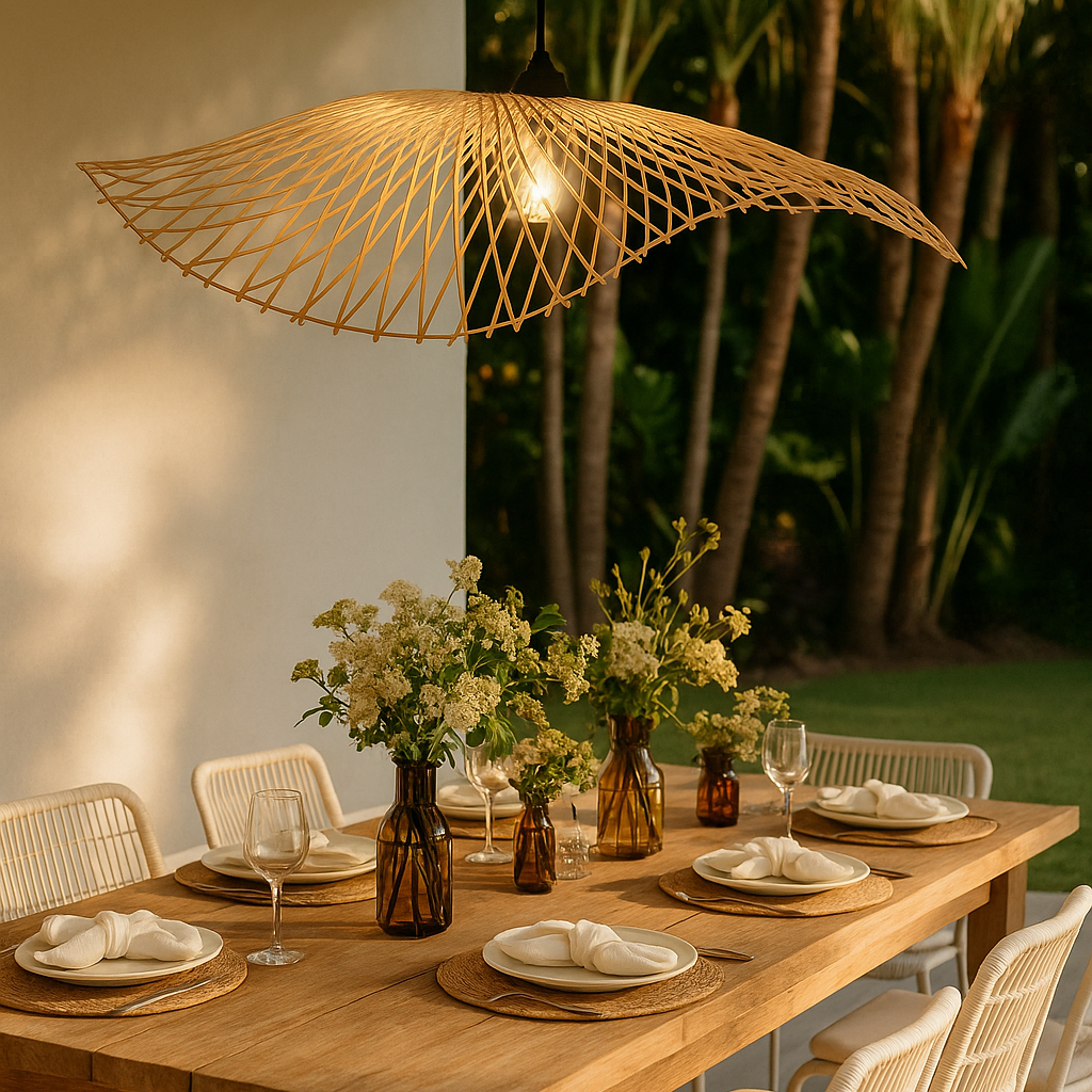Dining table set with chairs, flowers, and a unique pendant light in an outdoor setting.