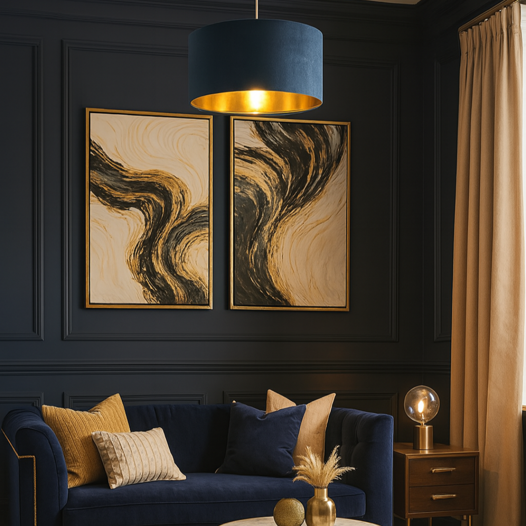 Modern living room with dark walls, blue sofa, and gold accents