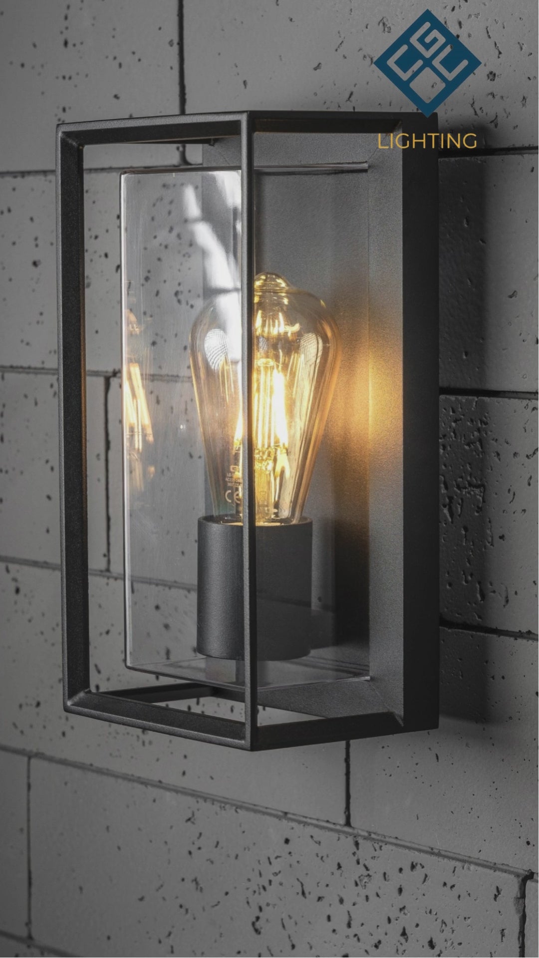 Load video: CGC FLORIANA Black Outdoor Wall Light Clear Diffuser E27 Standard Screw IP54