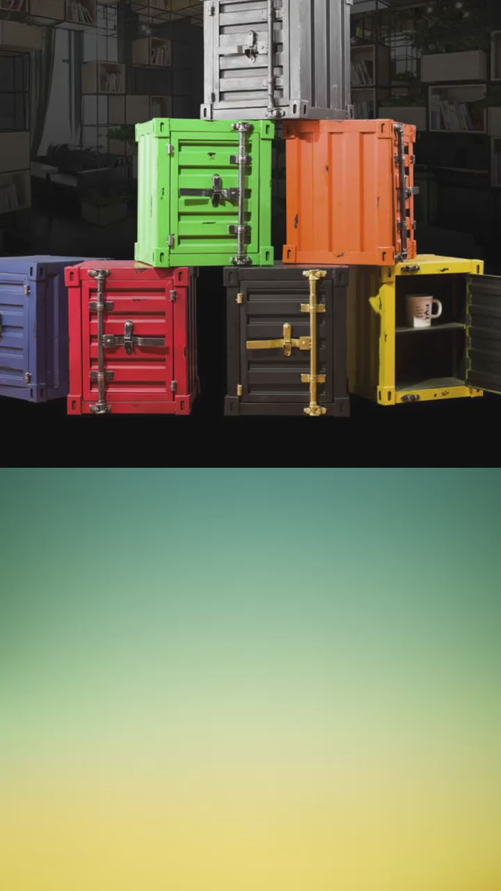 Load video: Add character to your living room, with the retro industrial shipping container end table. Comes in a choice of colours with the highest of quality finishes.  Whether it is a subtle dark or vibrant bright style this is sure to be a focal point in your room. Cleverly designed with shelving and a functional locking system, it can be used as storage as well as a side table, occasional table, office storage unit or even a bedside table.