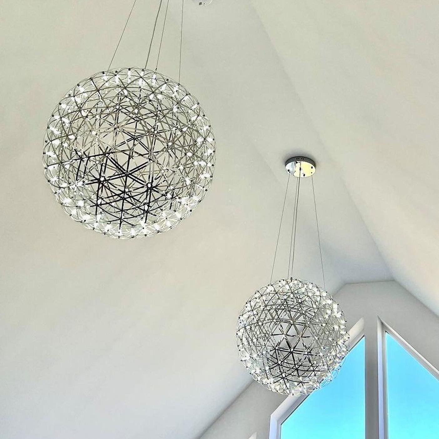 Our striking silver starburst light is inspired by elements of the night sky, comprising of delicately crafted steel and covered in LED lights  The light will create a talking point in any space and can be placed together with the other size starburst lights to create something truly spectacular 