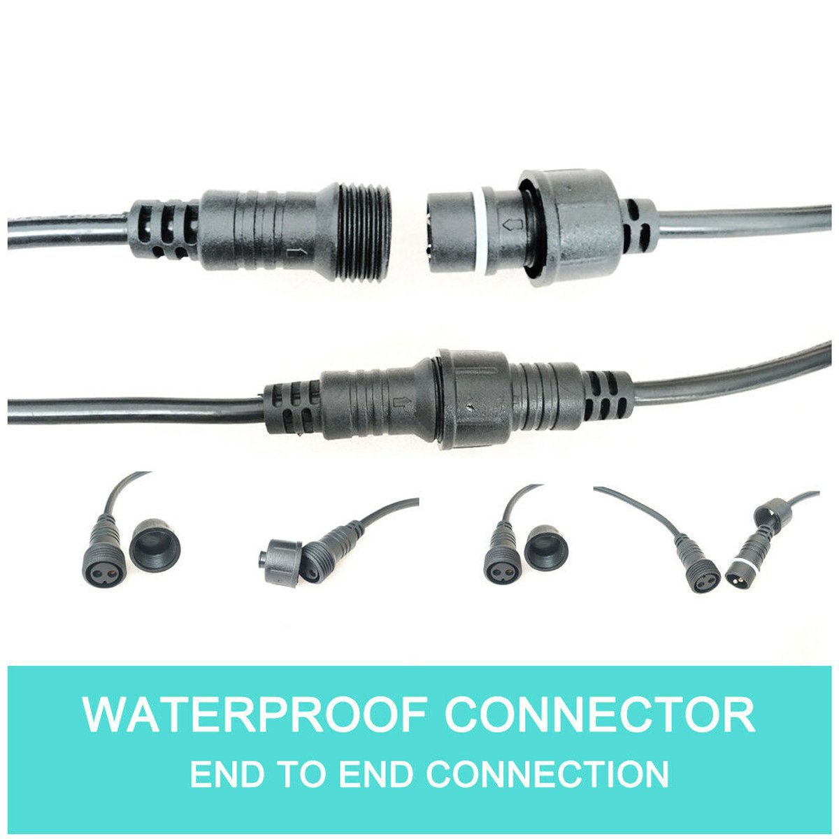 instruction for weather proof cabling.  Each string features 20 shatterproof bulbs evenly spaced across 14.6 m of thick black weatherproof cable. With simple connectors on the ends of each string, it's easy to connect them together to create the perfect length for your desired space.