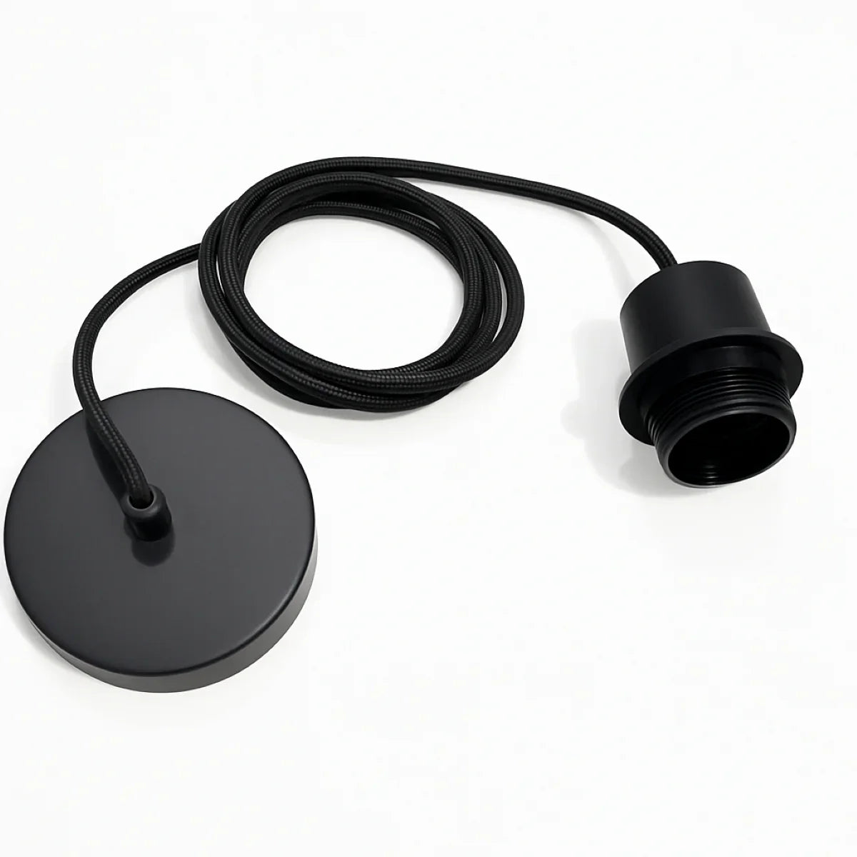 Black E27 pendant light kit featuring a ceiling rose, fabric cable, and bulb holder on a white background.