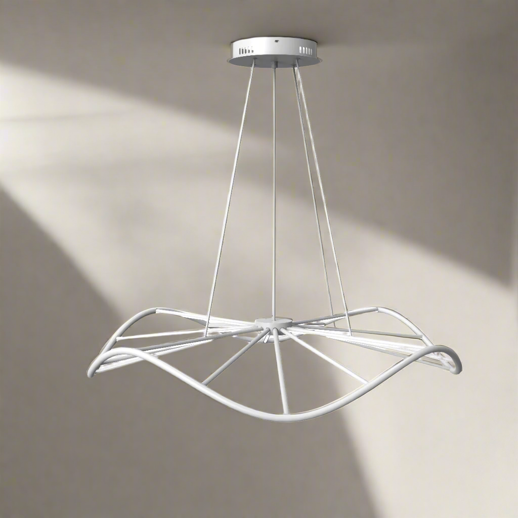 White Paraplu LED pendant light with a modern sculptural frame design mounted on a ceiling, casting soft ambient light against a neutral background.
