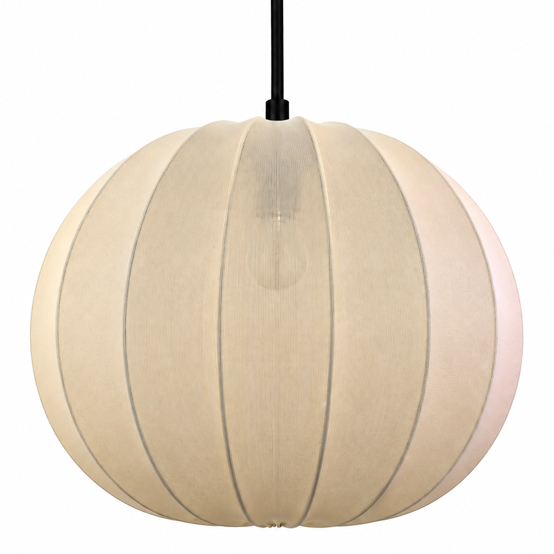 A spherical pendant light with a cream-colored fabric shade featuring vertical pleats, suspended by a black cord against a solid white background.